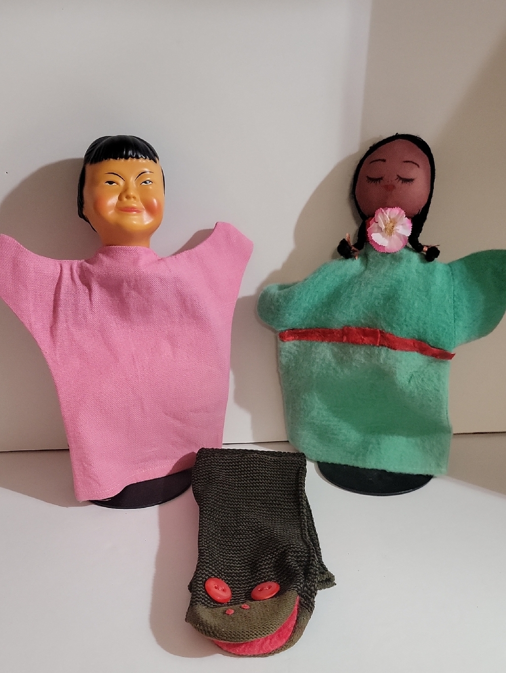 Vintage Handmade Fabric Hand Puppets - Pink & Green Set with Sock Puppet